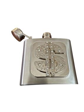Stainless Steel Flask Rhinestones Gambling Dollar Sign Bling Y2K Vintage